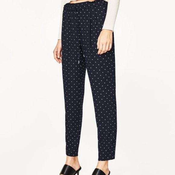 Zara Basic Polka Dot Navy Trousers - Sz M - Picture 1 of 6